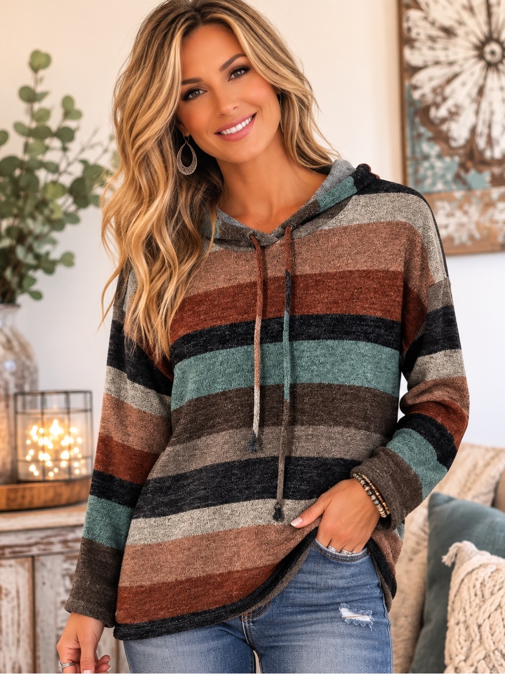 Lavish Striped Hooded Pullover in Teal, Brown and Gray